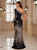 UNITHORSE One Shoulder Sequin Prom Dress Elegant Long Sleeve Formal Evening Wedding Guest Gown, For Graduation, Dinner