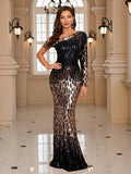 UNITHORSE One Shoulder Sequin Prom Dress Elegant Long Sleeve Formal Evening Wedding Guest Gown, For Graduation, Dinner