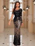 UNITHORSE One Shoulder Sequin Prom Dress Elegant Long Sleeve Formal Evening Wedding Guest Gown, For Graduation, Dinner