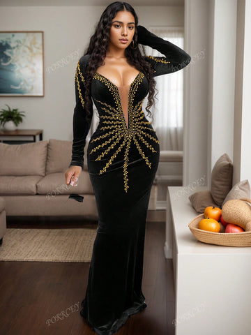 Women Fitted Solid Color Sexy Rhinestone Long Sleeve Bodycon Dress, Elegant Formal Evening Gown, For Wedding Guest, Graduation, Dinner