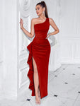 ADYCE One Shoulder Formal Asymmetric Front Slit Ruched High Waisted Ruffle Trim Party Maxi Dress For Cocktail, Ball And Fancy, Elegant Prom Evening Gown, For Wedding Guest, Graduation, Dinner, Christmas