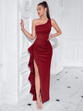 ADYCE One Shoulder Formal Asymmetric Front Slit Ruched High Waisted Ruffle Trim Party Maxi Dress For Cocktail, Ball And Fancy, Elegant Prom Evening Gown, For Wedding Guest, Graduation, Dinner, Christmas