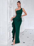 ADYCE One Shoulder Formal Asymmetric Front Slit Ruched High Waisted Ruffle Trim Party Maxi Dress For Cocktail, Ball And Fancy, Elegant Prom Evening Gown, For Wedding Guest, Graduation, Dinner, Christmas