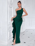 ADYCE One Shoulder Formal Asymmetric Front Slit Ruched High Waisted Ruffle Trim Party Maxi Dress For Cocktail, Ball And Fancy, Elegant Prom Evening Gown, For Wedding Guest, Graduation, Dinner, Christmas