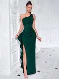 ADYCE One Shoulder Formal Asymmetric Front Slit Ruched High Waisted Ruffle Trim Party Maxi Dress For Cocktail, Ball And Fancy, Elegant Prom Evening Gown, For Wedding Guest, Graduation, Dinner, Christmas