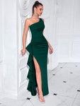 ADYCE One Shoulder Formal Asymmetric Front Slit Ruched High Waisted Ruffle Trim Party Maxi Dress For Cocktail, Ball And Fancy, Elegant Prom Evening Gown, For Wedding Guest, Graduation, Dinner, Christmas