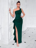 ADYCE One Shoulder Formal Asymmetric Front Slit Ruched High Waisted Ruffle Trim Party Maxi Dress For Cocktail, Ball And Fancy, Elegant Prom Evening Gown, For Wedding Guest, Graduation, Dinner, Christmas