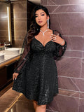 Plus Size Women Sparkle Heart Neck Mesh Lantern Sleeve Elegant Dress