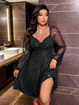 Plus Size Women Sparkle Heart Neck Mesh Lantern Sleeve Elegant Dress