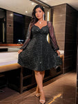 Plus Size Women Sparkle Heart Neck Mesh Lantern Sleeve Elegant Dress