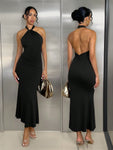 SHEIN Allurite Plain Color Halter Backless Twist Long Dress, Casual Everyday Wear