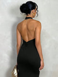 SHEIN Allurite Plain Color Halter Backless Twist Long Dress, Casual Everyday Wear