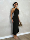 SHEIN Allurite Plain Color Halter Backless Twist Long Dress, Casual Everyday Wear