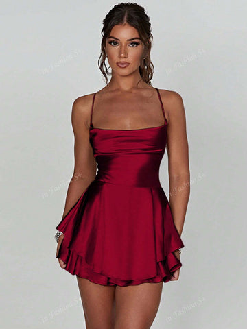 1pc Stylish Backless Drawstring Design Pleated Dress, Sexy Satin Mini Dress For Party, Bar, Home - MapleCo