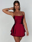 1pc Stylish Backless Drawstring Design Pleated Dress, Sexy Satin Mini Dress For Party, Bar, Home - MapleCo