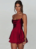 1pc Stylish Backless Drawstring Design Pleated Dress, Sexy Satin Mini Dress For Party, Bar, Home - MapleCo