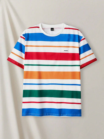 Manfinity UrbanChill Men Colorblock Striped Print Knit Casual Short Sleeve T-Shirt - MapleCo