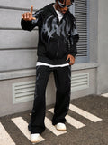 Manfinity Streetrush 2pcs Men Hooded Zipper Sweatshirt Jacket And Flame Print Pants Tracksuit Set