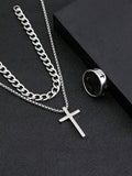 3pcs Men's  Jewelry Three-Piece Set, Cross Necklace, Bracelet, Cross Ring, Suitable For Daily Decorative Wear