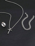 3pcs Men's  Jewelry Three-Piece Set, Cross Necklace, Bracelet, Cross Ring, Suitable For Daily Decorative Wear