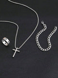 3pcs Men's  Jewelry Three-Piece Set, Cross Necklace, Bracelet, Cross Ring, Suitable For Daily Decorative Wear