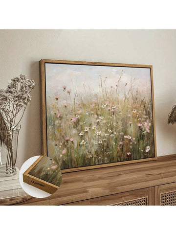 Framed Oil Painting - Landscape Theme, Meadow Wildflowers Daisy Artwork, Classic Living Room Bedroom Wall Decor, Elegant Corridor Study Canvas Art Print, Ideal Gift, 1 PC Ready To Hang