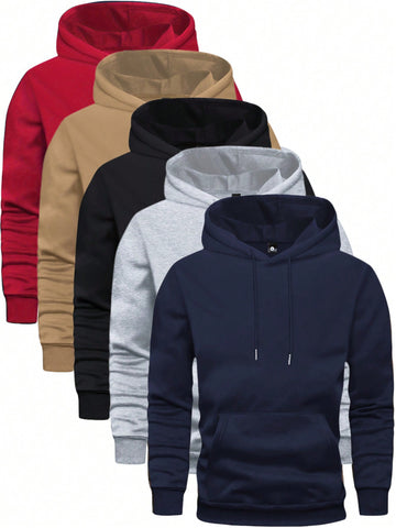 5 Pcs Men's Solid Color Hoodie - Soft, Breathable, Casual Long Sleeve Hooded Sweatshirt With Kangaroo Pocket For Outdoor Activities, Daily Wear, And Travel - Comfortable, Relaxed Fit - MapleCo