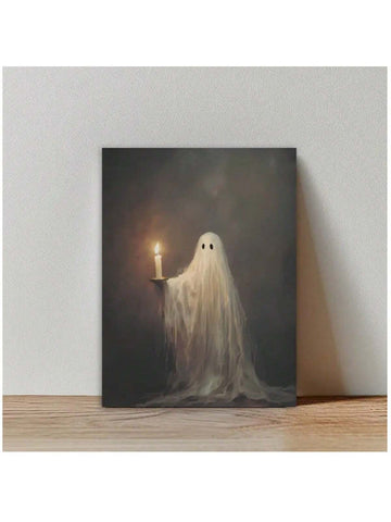 1pc Vertical Art Deco Style Square Ghost Candlelight Canvas Poster, Unframed Spooky Halloween Night Wall Art, Home Living Room Balcony Party Decor (No Frame)