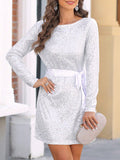 Silvery Sequin Long Sleeve Tie Waist Mini Dress Elegant Cocktail Semi Formal Prom Wedding Guest Dress, For Birthday, Graduation, Dinner, Homecoming