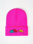 1pc Knitted Cap With Embroidered 3 Dinosaurs Design, Outdoor Warm Casual Winter Hat For Everyday Commute