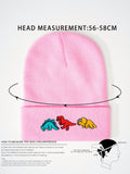 1pc Knitted Cap With Embroidered 3 Dinosaurs Design, Outdoor Warm Casual Winter Hat For Everyday Commute