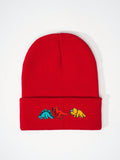 1pc Knitted Cap With Embroidered 3 Dinosaurs Design, Outdoor Warm Casual Winter Hat For Everyday Commute