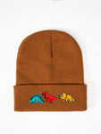 1pc Knitted Cap With Embroidered 3 Dinosaurs Design, Outdoor Warm Casual Winter Hat For Everyday Commute