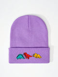 1pc Knitted Cap With Embroidered 3 Dinosaurs Design, Outdoor Warm Casual Winter Hat For Everyday Commute