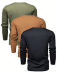 3pcs Basic Men's Solid Color Long Sleeve T-Shirts, Regular Fit, Casual Lightweight Spring