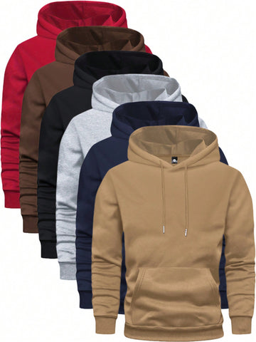 6 Piece Set Men's Basic Hoodies, Casual Sports Fashion, Drawstring, Kangaroo Pocket, Long Sleeve Sweatshirts