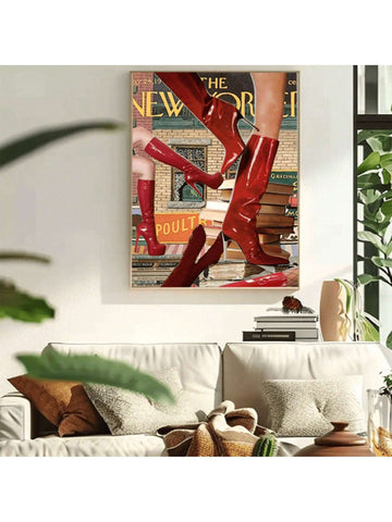 1PC Stylish Vintage Print, Preppy Room Decor, Vintage Bar Red Boots Wall Art,  Wall Posters, Canvas Art, Ideal Gift For Bedroom Living Room Hallway, Frameless