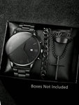 Fashionable 4pcs Men's Quartz Watch Set With Calendar Function - Non-Waterproof Black Zinc Alloy Case