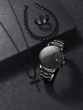 Fashionable 4pcs Men's Quartz Watch Set With Calendar Function - Non-Waterproof Black Zinc Alloy Case