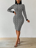 SHEIN Lady Spring And Summer  Office Dress  Dresses  Casual Elegant Work Houndstooth Bodycon Dress Shirt Collar Tweed Women Dresses