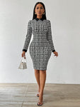 SHEIN Lady Spring And Summer  Office Dress  Dresses  Casual Elegant Work Houndstooth Bodycon Dress Shirt Collar Tweed Women Dresses