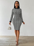 SHEIN Lady Spring And Summer  Office Dress  Dresses  Casual Elegant Work Houndstooth Bodycon Dress Shirt Collar Tweed Women Dresses