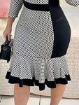 Elegant Polka Dot Print Color Block Ruffle Trim Dress