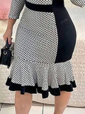 Elegant Polka Dot Print Color Block Ruffle Trim Dress