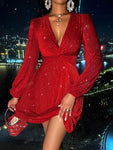 Women's Sexy  Deep V-Neck Twist Front  Lantern Sleeve Glitter Detail Velvet Dress Perfect For Party