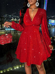 Women's Sexy  Deep V-Neck Twist Front  Lantern Sleeve Glitter Detail Velvet Dress Perfect For Party