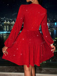 Women's Sexy  Deep V-Neck Twist Front  Lantern Sleeve Glitter Detail Velvet Dress Perfect For Party