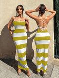 SHEIN Foxxy Women's Clothing Summer Casual Vacation Halter Neckline Outfits Striped Print Crisscross Tie Backless Cami Bodycon Dress