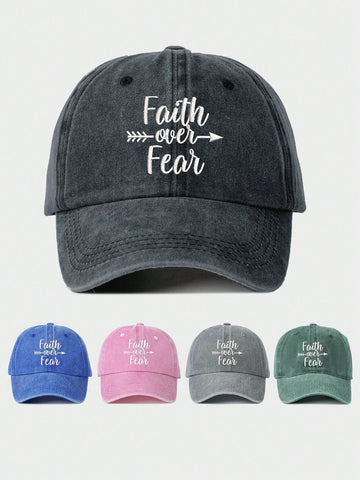 1pc Embroidered "Faith Over Fear" Washed Baseball Cap, Adjustable Sun Protection Casual Hat Suitable For Spring, Autumn, Outdoor, Travel, Beach, Unisex Y2K Style