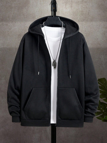 Men's Solid Color Zipper Collar Casual Pocket Drawstring Hoodie For Autumn - MapleCo